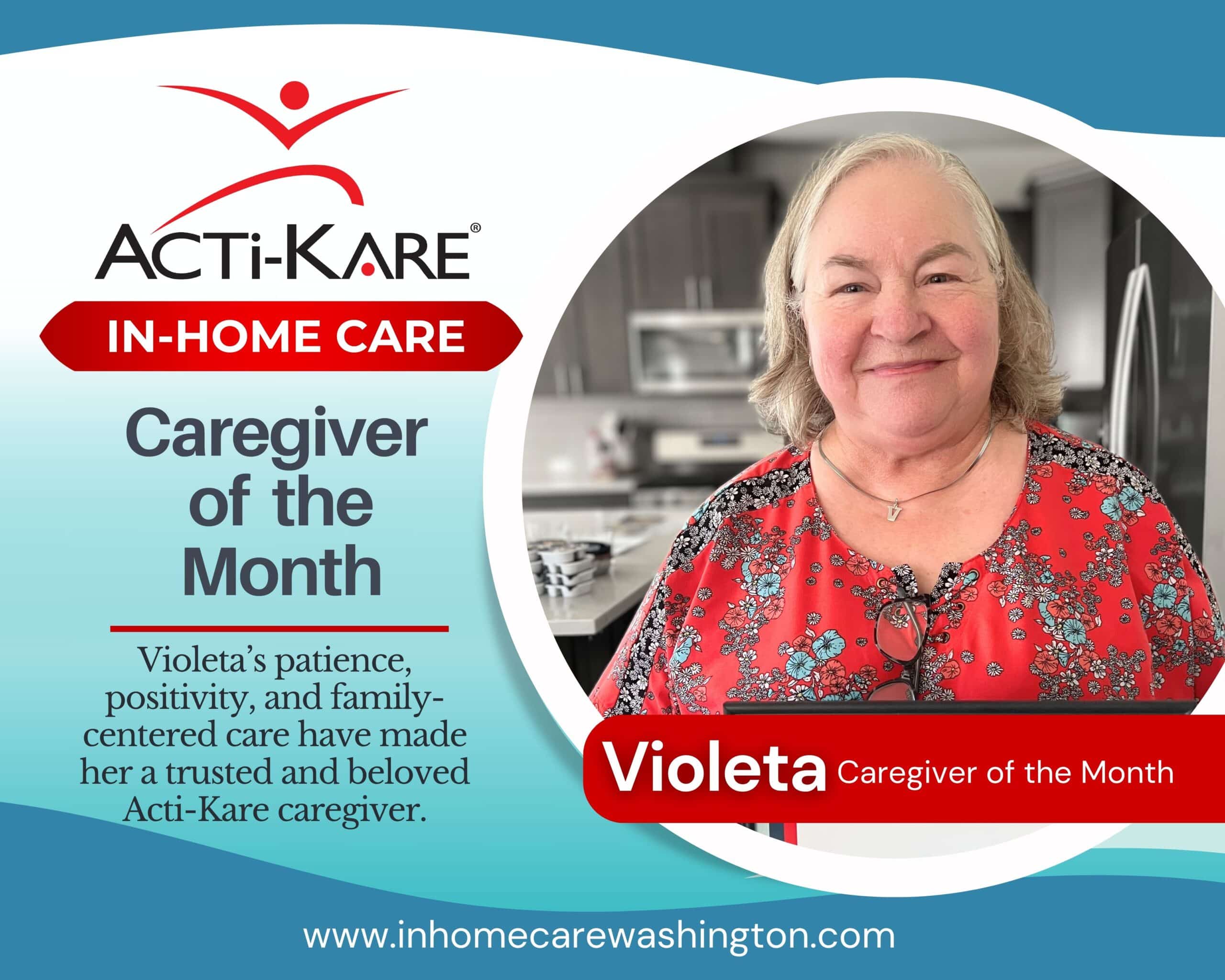Violeta – Caregiver of the Month Violeta, Acti-Kare’s Caregiver of the Month, smiles alongside a senior client while holding her award certificate.