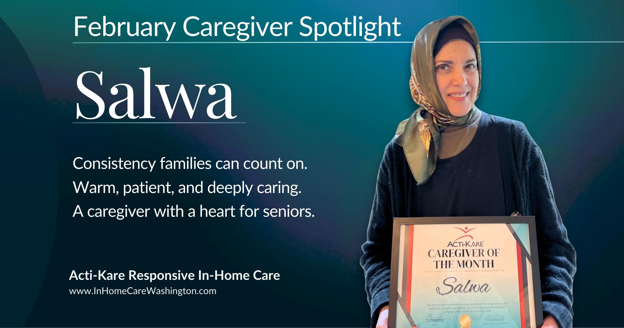 Salwa Caregiver Salwa smiling while providing compassionate in-home care to a senior client in the greater Seattle area