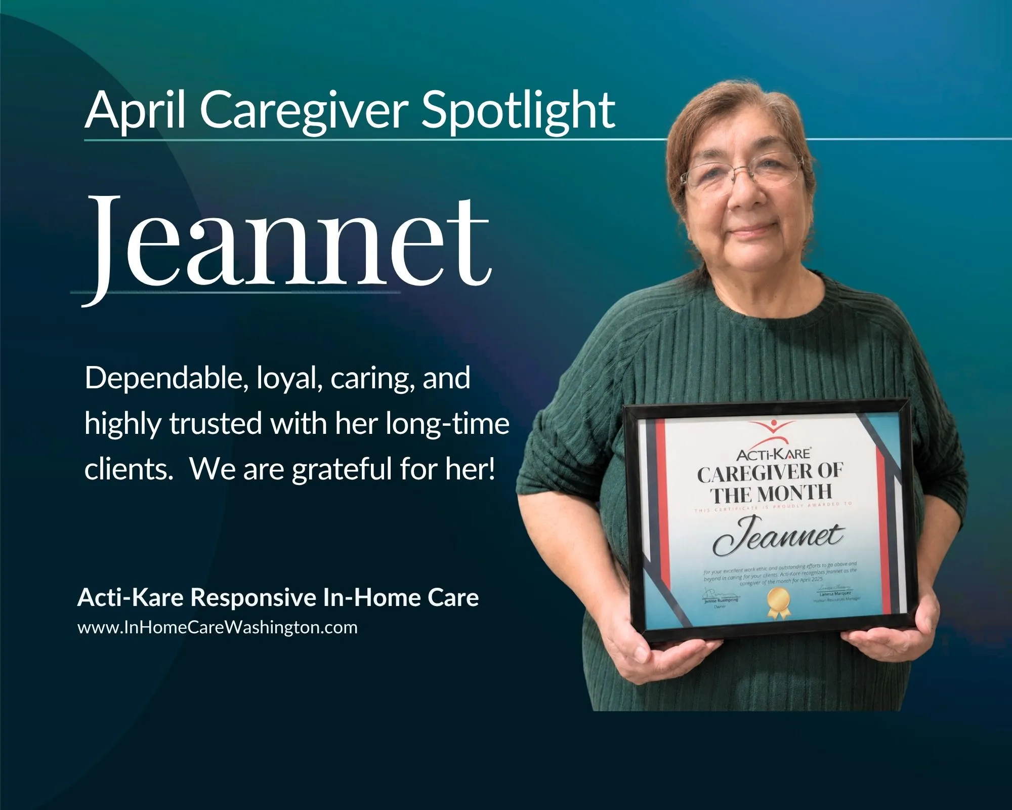 Jeannet Jeannet caregiver spotlight holding award at Acti-Kare Home Care providing senior care in Bellevue WA