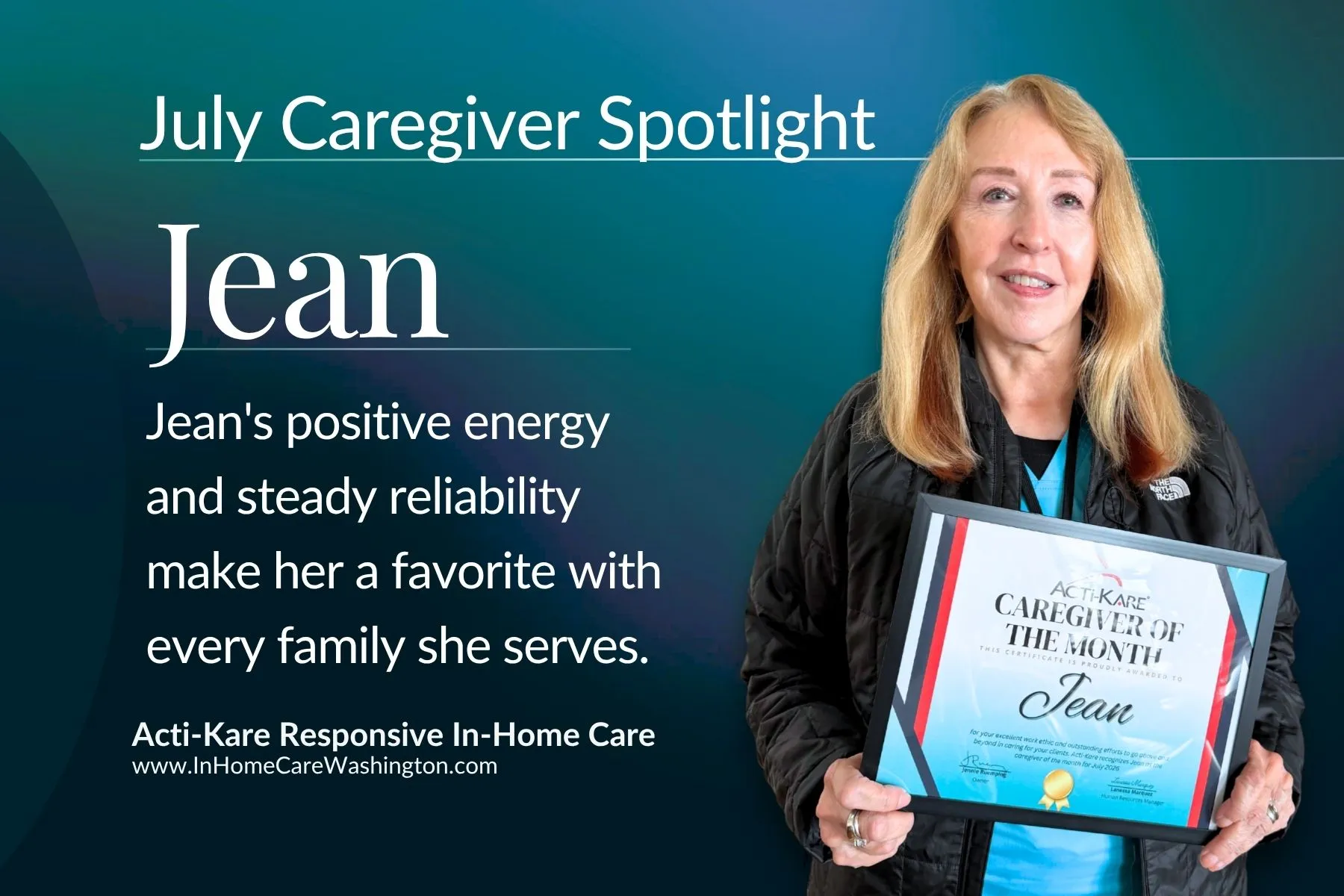 jean-caregiver-of-the-month-july-2026-everett-wa.jpg Jean, July 2026 Caregiver of the Month at Acti-Kare Responsive In-Home Care, holding her award certificate. Serving seniors and families in Everett and Snohomish County, Washington.