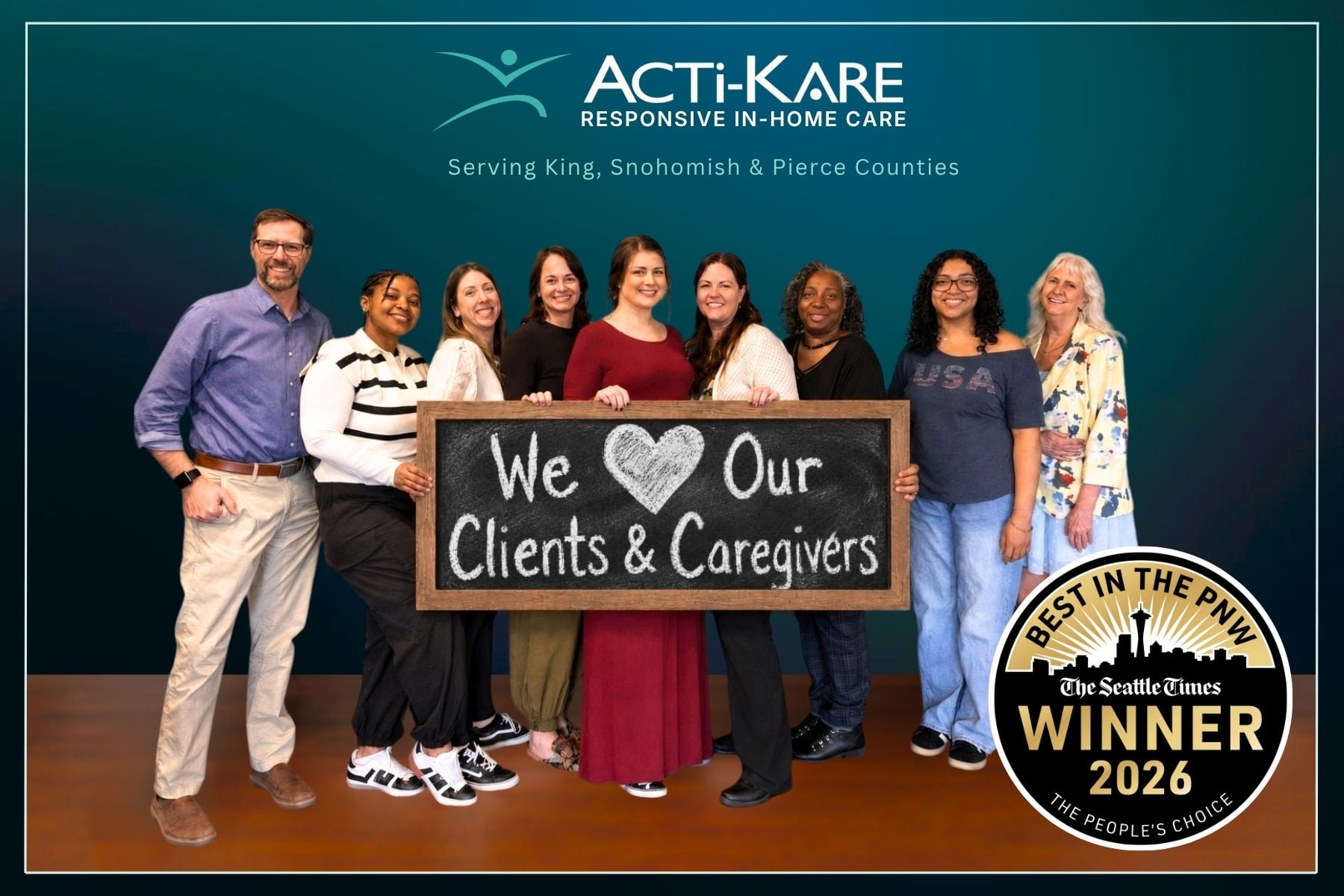 acti-kare-2026-best-in-the-pnw-home-care-winner Acti-Kare Responsive In-Home Care team celebrating its 2026 Best in the PNW Gold Home Care recognition.