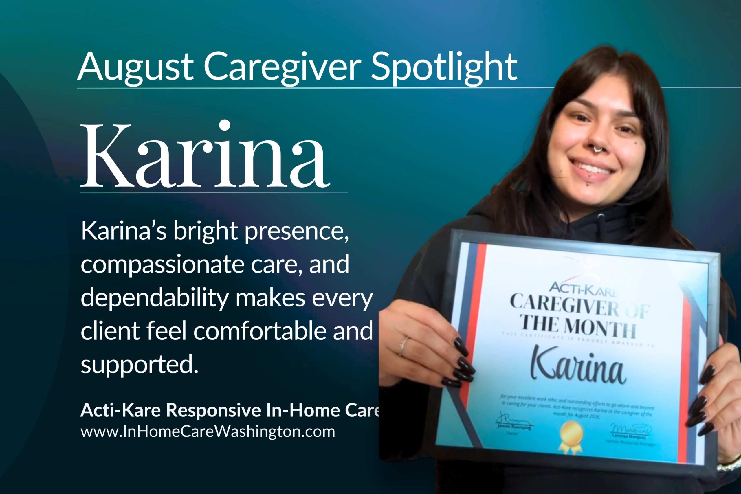 acti-kare-karina-caregiver-of-the-month-august-2026 Karina smiles while holding her Acti-Kare August 2026 Caregiver of the Month award.